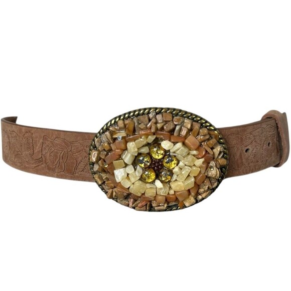 Express Brown Floral Tooled Leather Belt w Stone & Rock Buckle  Size S  Artisan - Picture 1 of 14